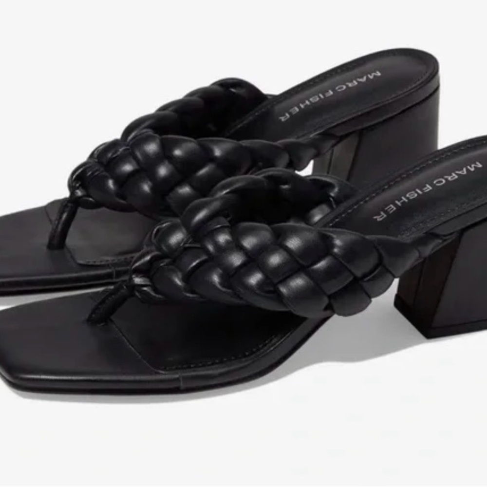 Marc Fisher Black Braided Leather Block Heel Thong Sandals